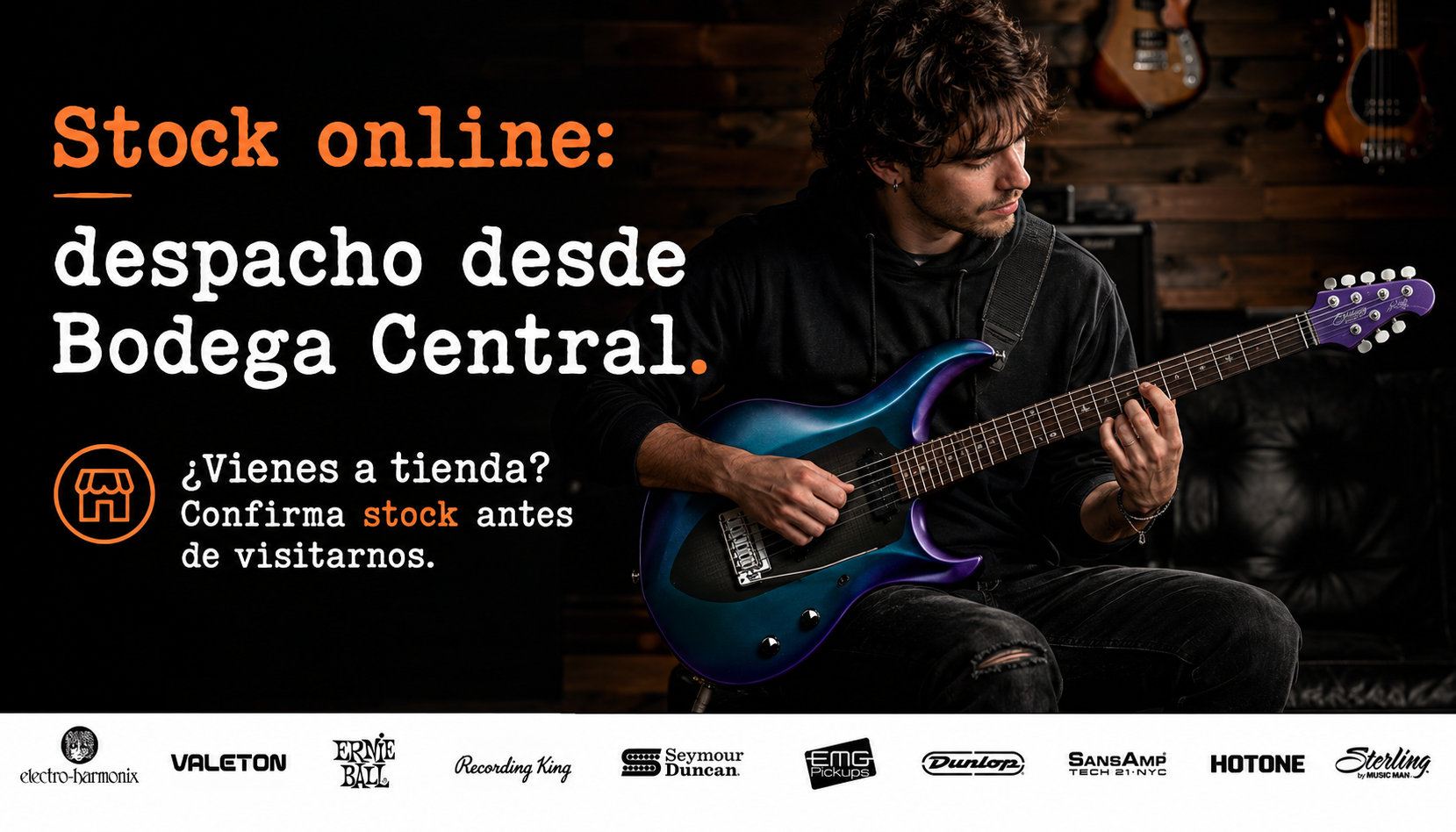 Músico con guitarra camaleónica y stock online